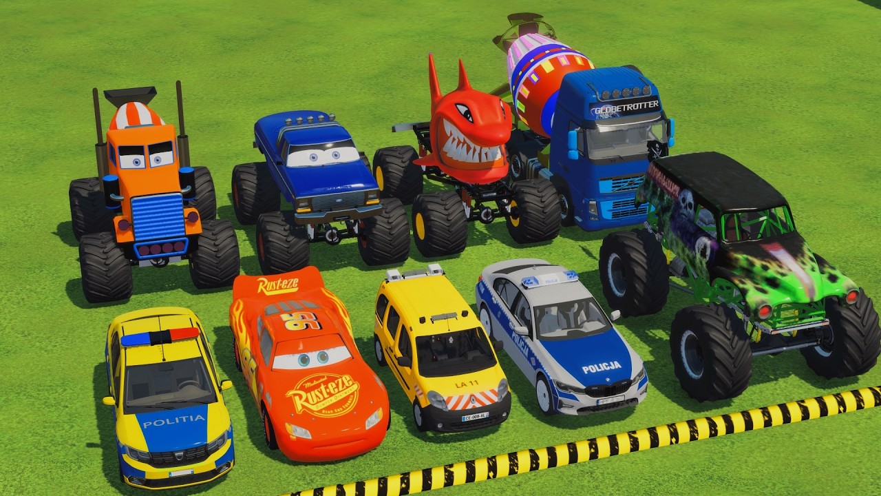 TRANSPORTING POLICE CARS, MONSTER TRUCK, FIRE TRUCK, COLORFUL CARS WITH TRAIN - FS22 #241