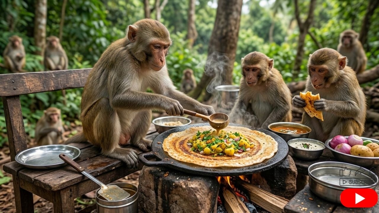 बंदरों ने आज बनाया कुरकुरा मसाला डोसा 😲🔥 खुशबू से पूरा गांव देखने उमड़ पड़ा  Monkey Village Cookin