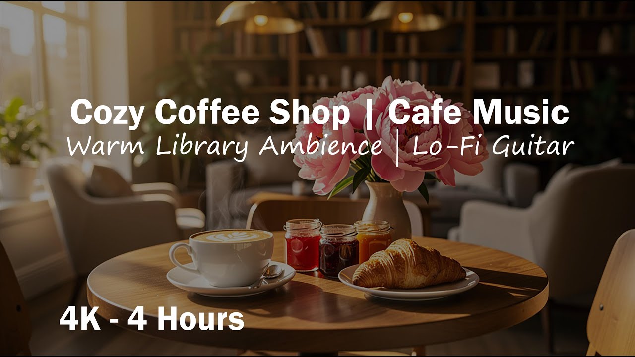 Cozy Coffee Shop Screensaver | 4K 4 Hours | Relaxing Guitar Café Music & Warm Library Ambience