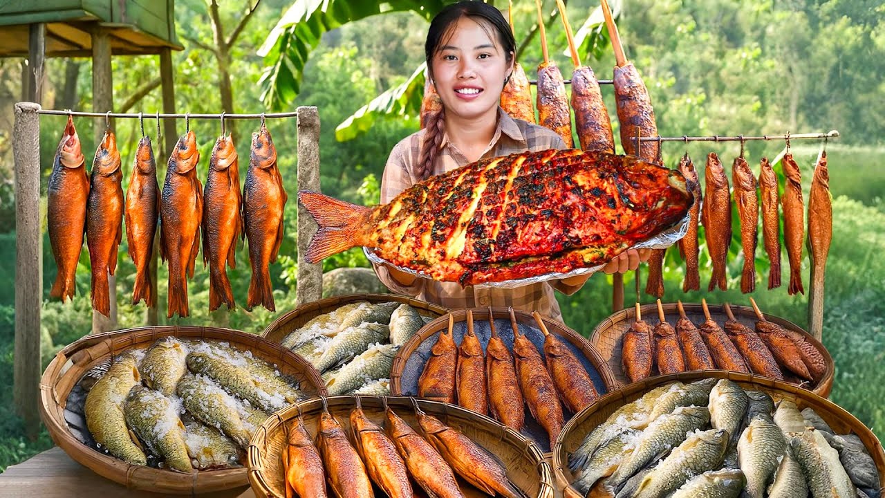 How to catch big fish by hand and make smoked fish at home, cooking a giant grilled fish to eat