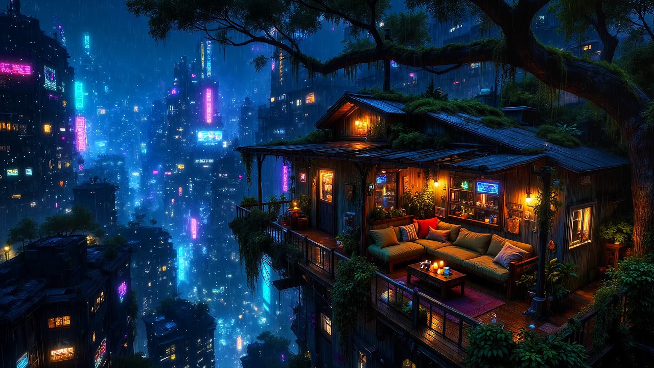 Lofi Ambient – Cozy Rainy Treehouse Balcony High Above a Future City | Chill Study Beats | 4K