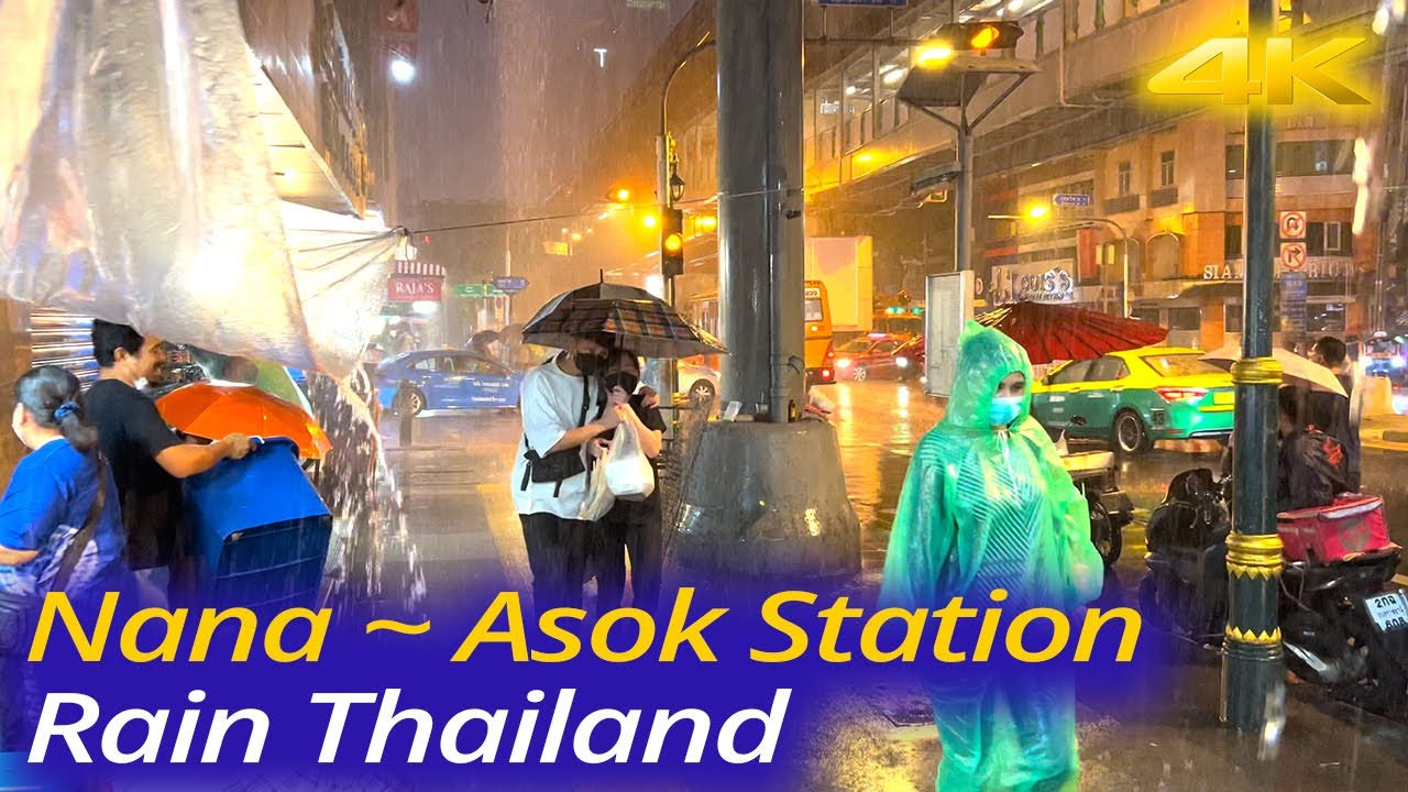 4K HDR 🇹🇭Walking in the Rain on Nana ~ Asok Station Bangkok | Rainy Night in Thailand