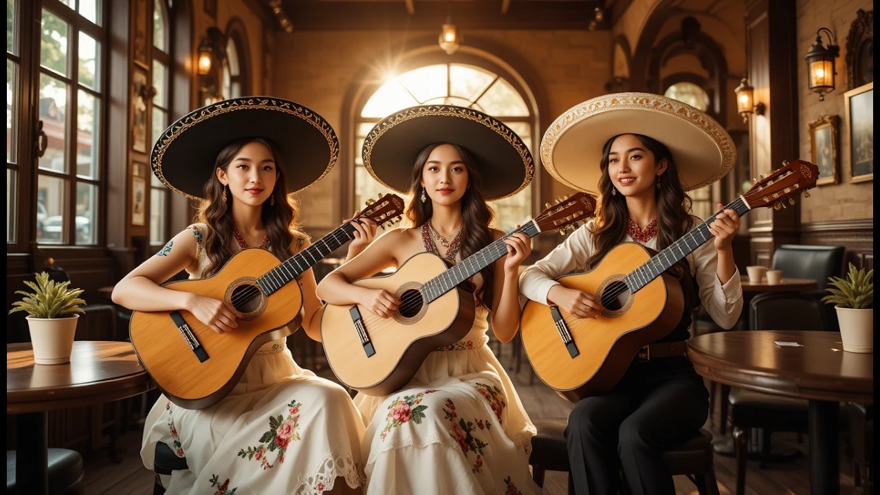 Música Mexicana Instrumental con Trío Mariachi Femenino Tocando Guitarra en un Café Acogedor