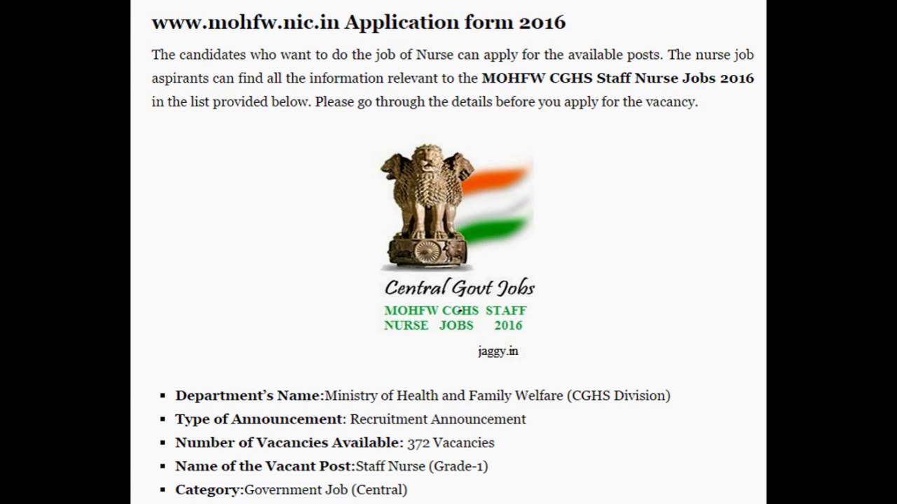 MOHFW Recruitment 2016 | Apply Online for 372 CGHS Staff Nurse Vacancy | Jaggy