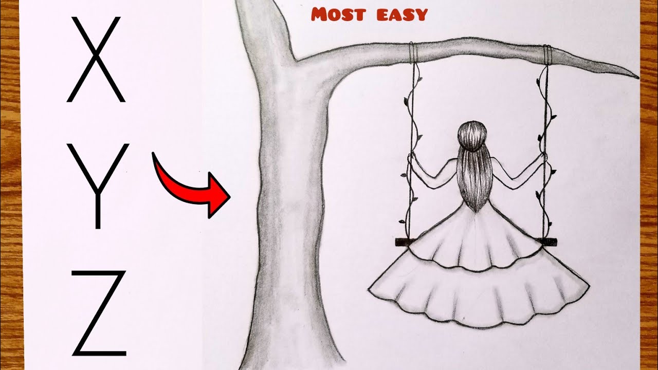 How to draw a Girl Swinging in a tree| Easy Drawing From Letters | Pencil Sketch step by step