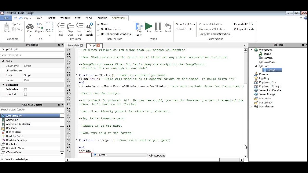 Roblox Scripting Tutorial : .Touched & MouseButton1Click PT.2 #7