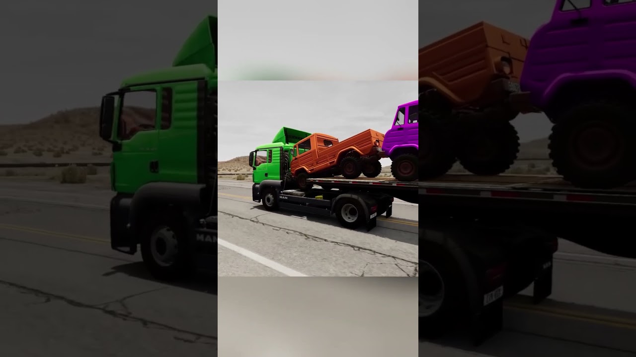 Flatbed Trailer Truck Rescue Cars - Cars vs Train - Cars vs Speed Bumps - shorts [BeamNG Drive]
