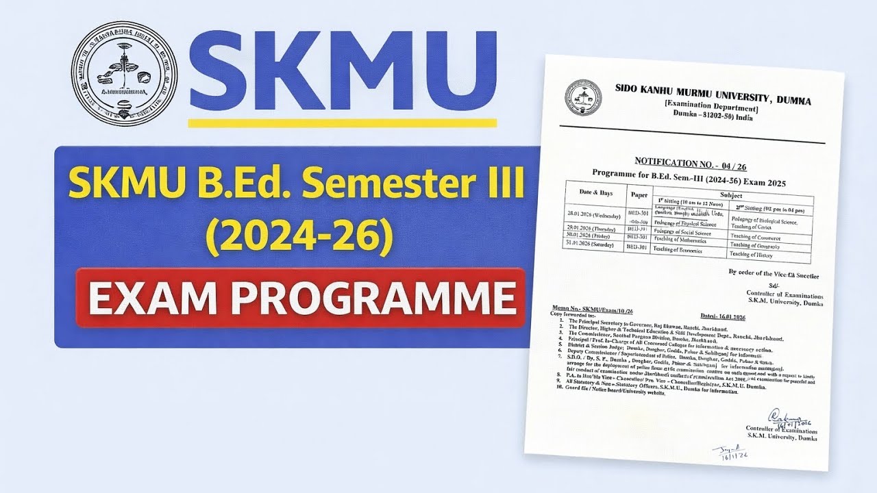 SKMU B.Ed. Semester 3 (2024&ndash;26) Exam Programme 2025 जारी | Full Date Sheet PDF