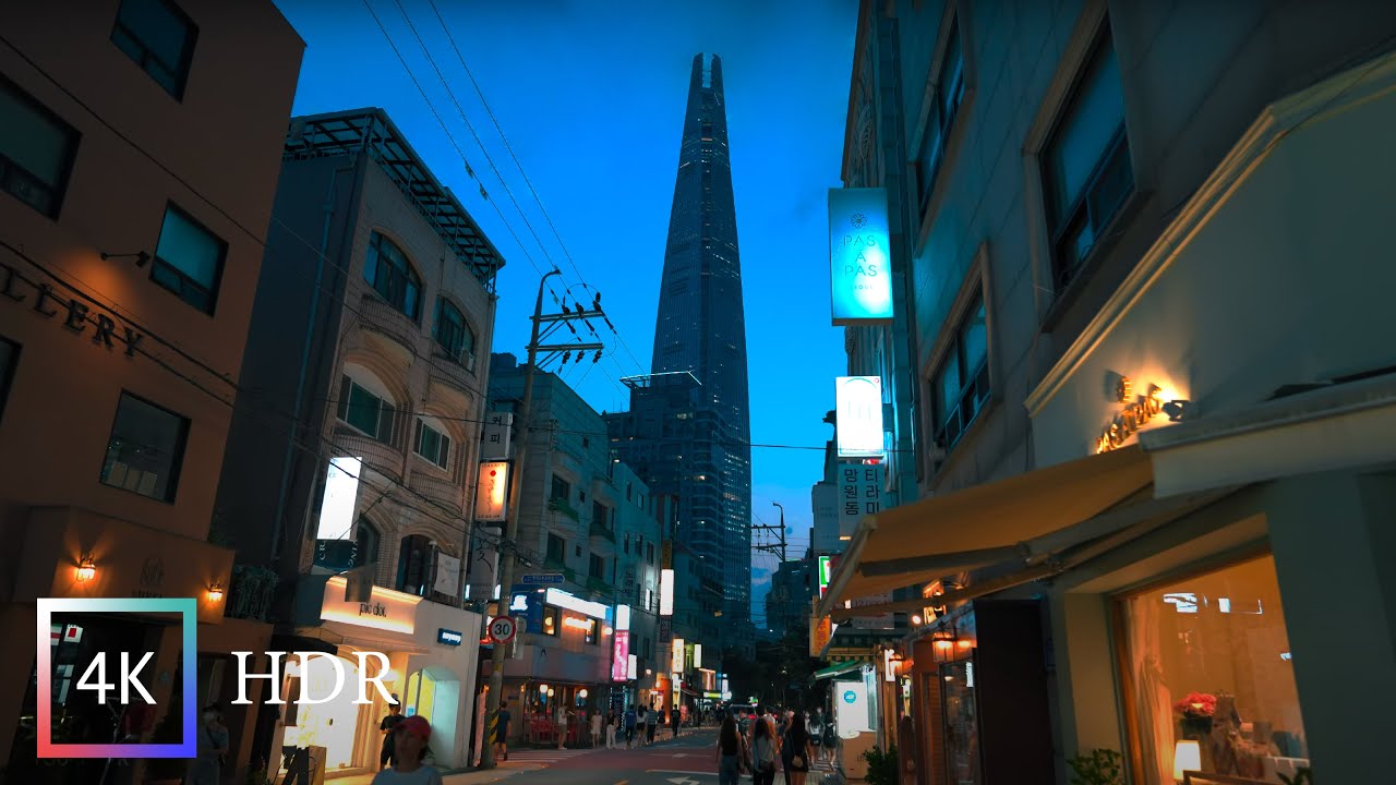 Seoul Night Walk Around Jamsil Streets With Cafes And Restaurants | Ambience Sounds 4K HDR