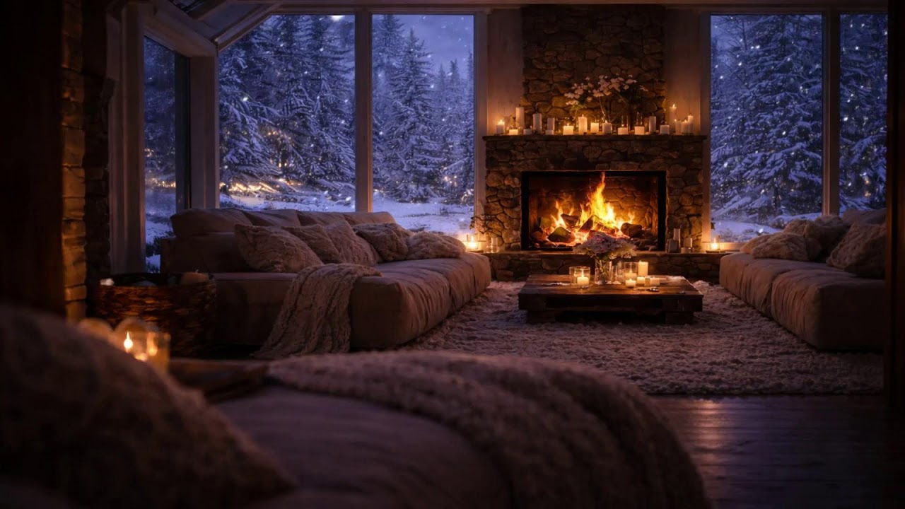 Cozy Winter Night Cafe Ambience 🔥 Soft Jazz & Fireplace