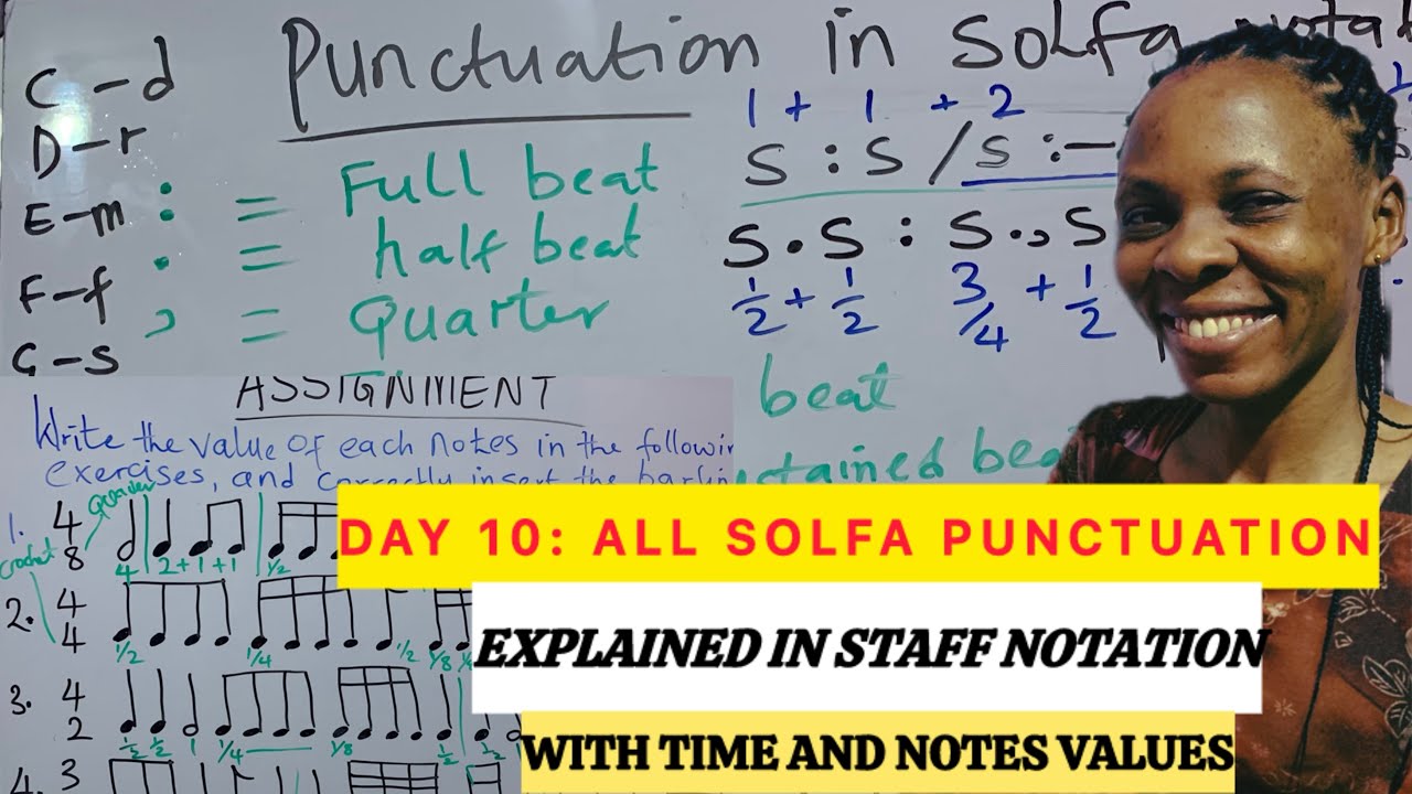 Day 10: All solfa punctuation explained using staff notation. & Time signature with notes values