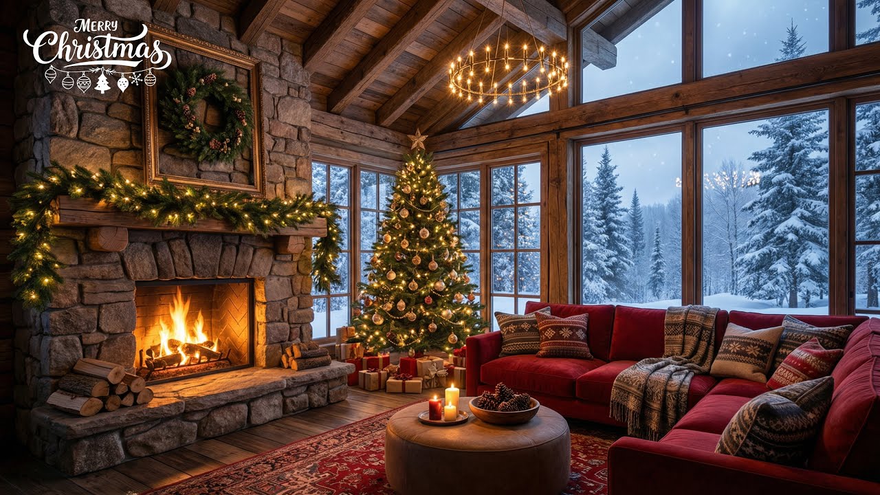 Snowy Christmas Ambience 🎄 Relaxing Piano Music with Fireplace Crackles for Sleep