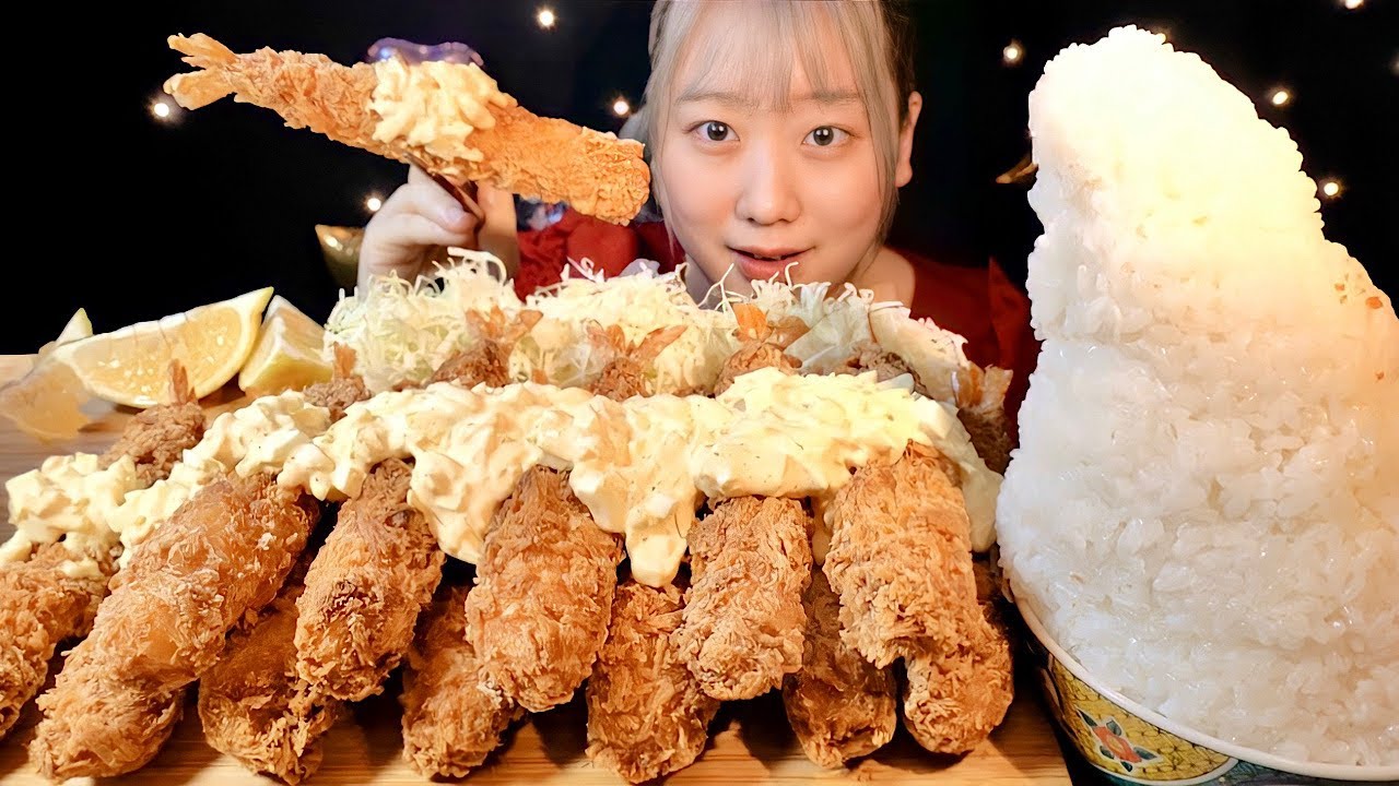 ASMR 大きな海老フライ12本 タルタルもたっぷり【日本語字幕】【咀嚼音/ Mukbang/ Eating Sounds】
