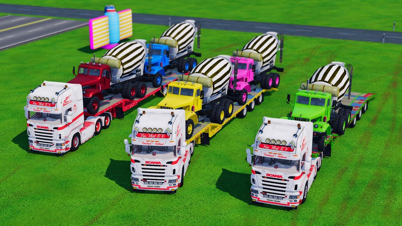 TRANSPORTING BUS, POLICE CARS, DUMP TRUCK, BOX TRUCK, FIRE TRUCK WITH SCANIA TRUCK  - FS22 #11