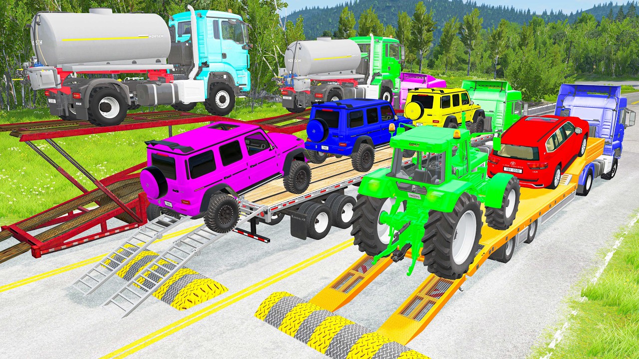 Triple Flatbed Trailer McQueen Transportation with Truck - Speedbumps vs Cars vs Train - BeamNG #2