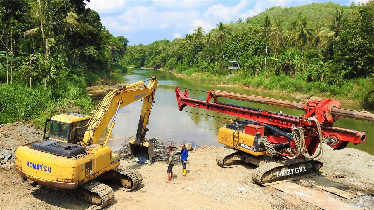 Drilling Rig Excavator Ready Mix Truck Working On Bridge Construction Sany SR155C10