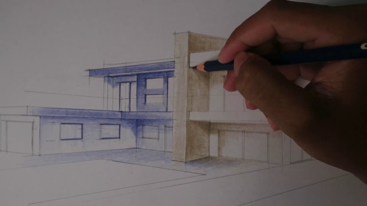Easy to draw modern house with two color | Color Pencil Drawing