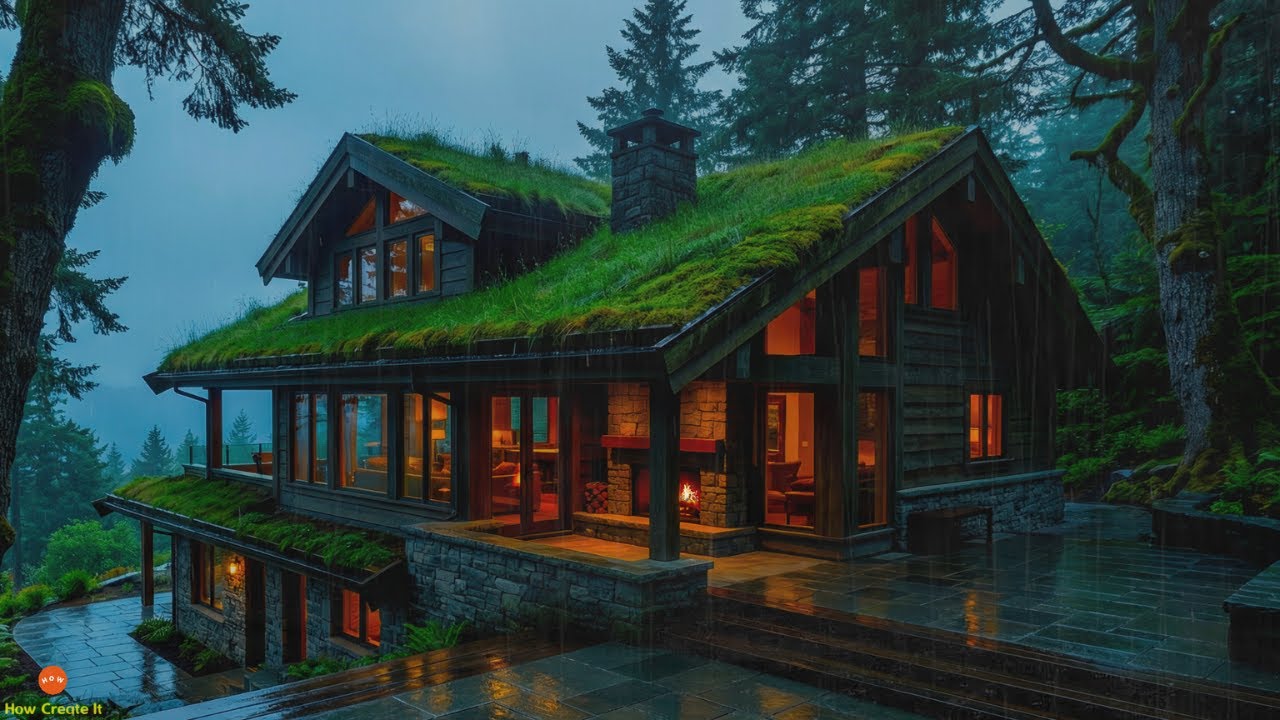 Undisturbed Night Rain with Fireplace and Soft Thunder for Inner Peace in a Serene Forest House Home