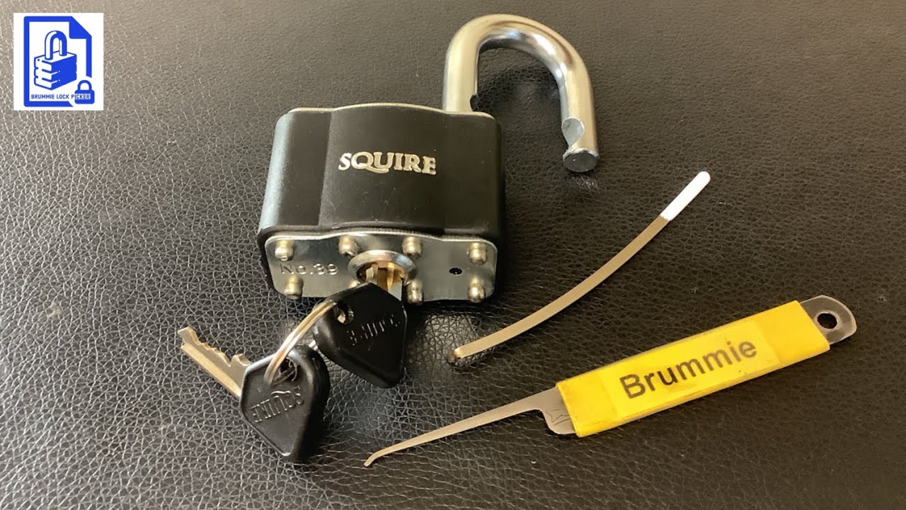 645. Squire No.39 laminated padlock picked with homemade hacksaw blade pick & bra wire tension tool