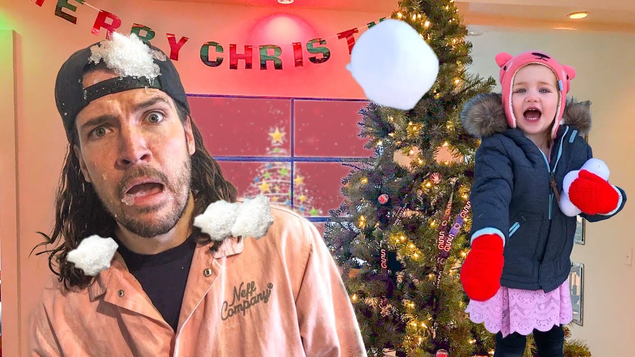 indoor SNOWBALL FIGHT challenge - Adley surprises Dad at work!!