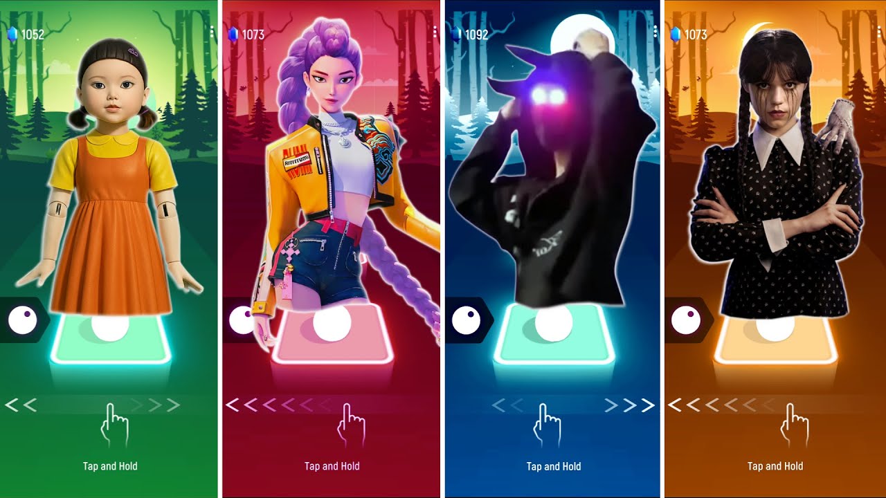 Wednesday Addams and Rumi KPop Demon Hunters and Astronomia and Squid Game