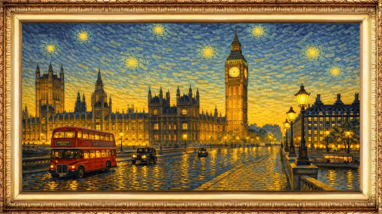 Animated London Oil Painting | Rainy Night Lights | Silent 4K Frame TV Art