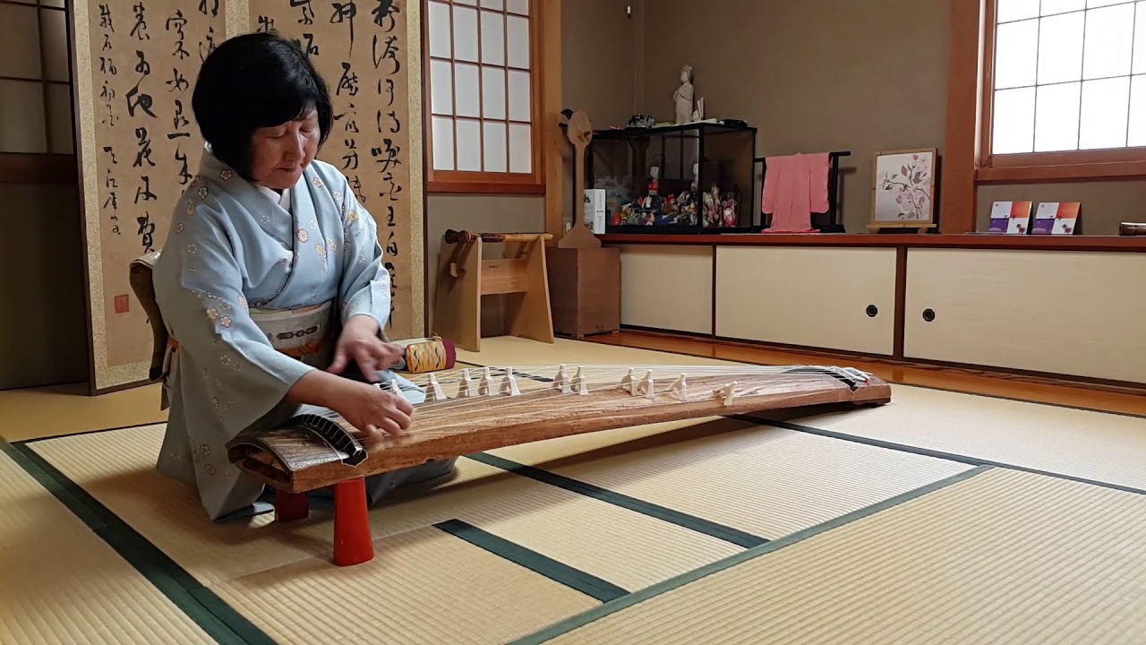 Sakura Sakura play on koto or Japanese harp by Keko Kanagawa in Kyoto, Japan.