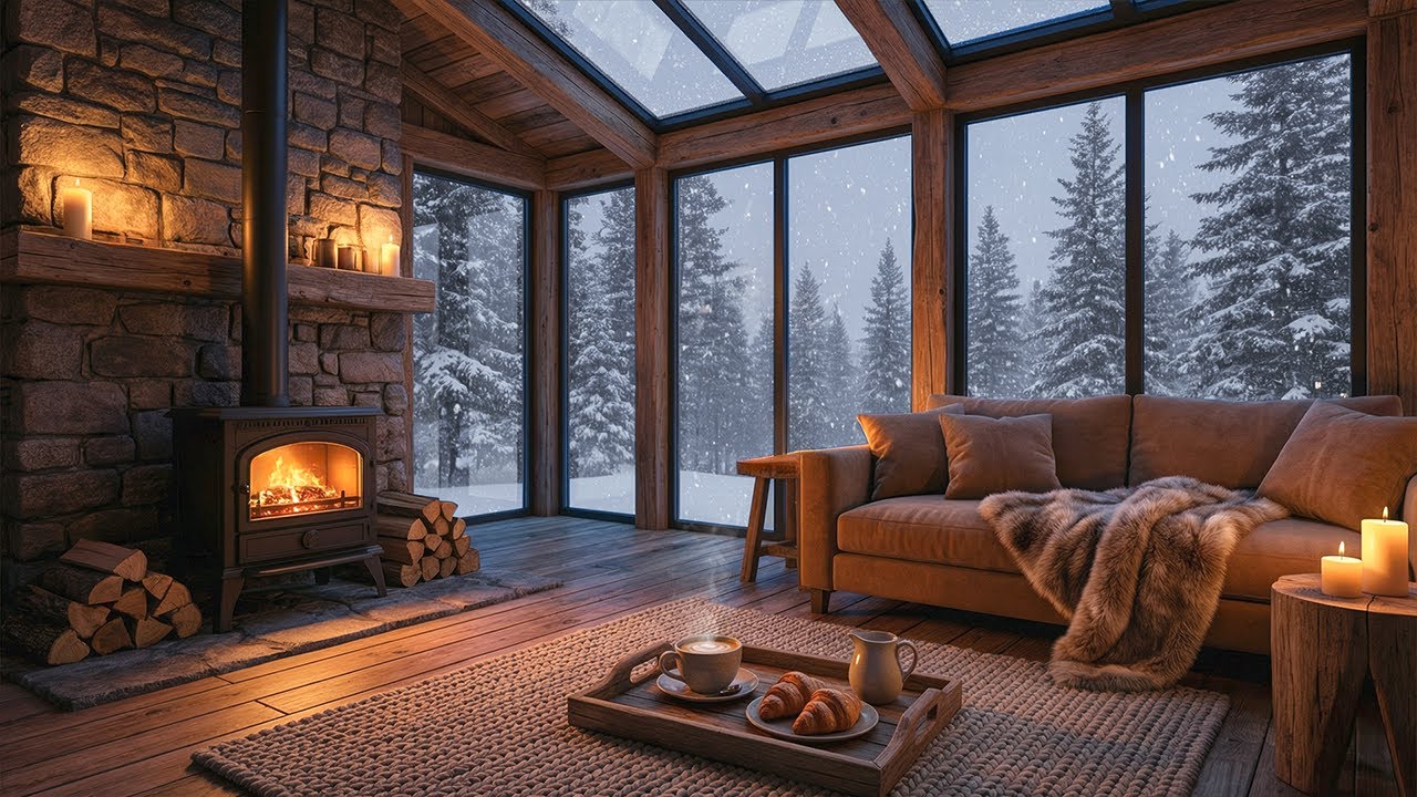 Peaceful Winter Jazz Music ⛄ Snowfall Ambience with Fireplace Crackling & Dreamy Jazz for Working