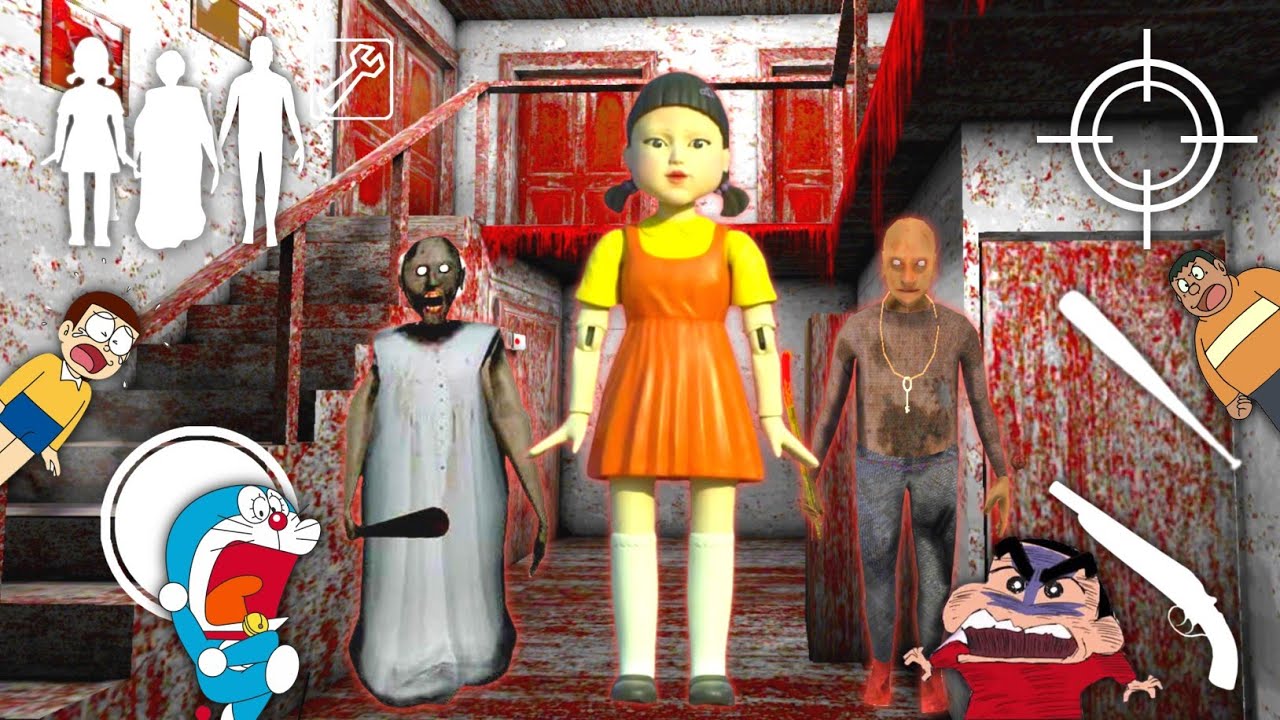 Squid Game Doll, Granny, Grandpa banke Kiya Door Escape in Granny With Doraemon Nobita & Friends