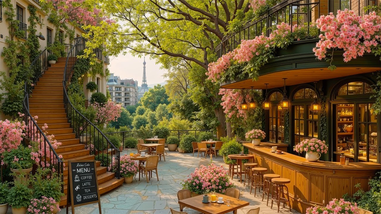 Morning Spring Jazz 🌸 Relaxing Jazz Music at Cozy Outdoor Cafe Atmosphere for Study, Mood Boost