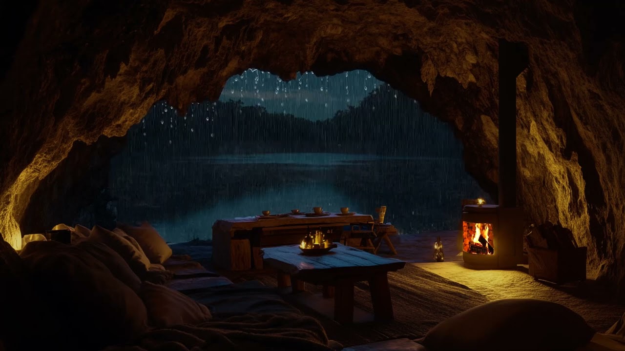 Cozy Cave Ambience 🌙 Crackling Fire & Soft Rain Sounds for Deep Sleep & Stress Relief