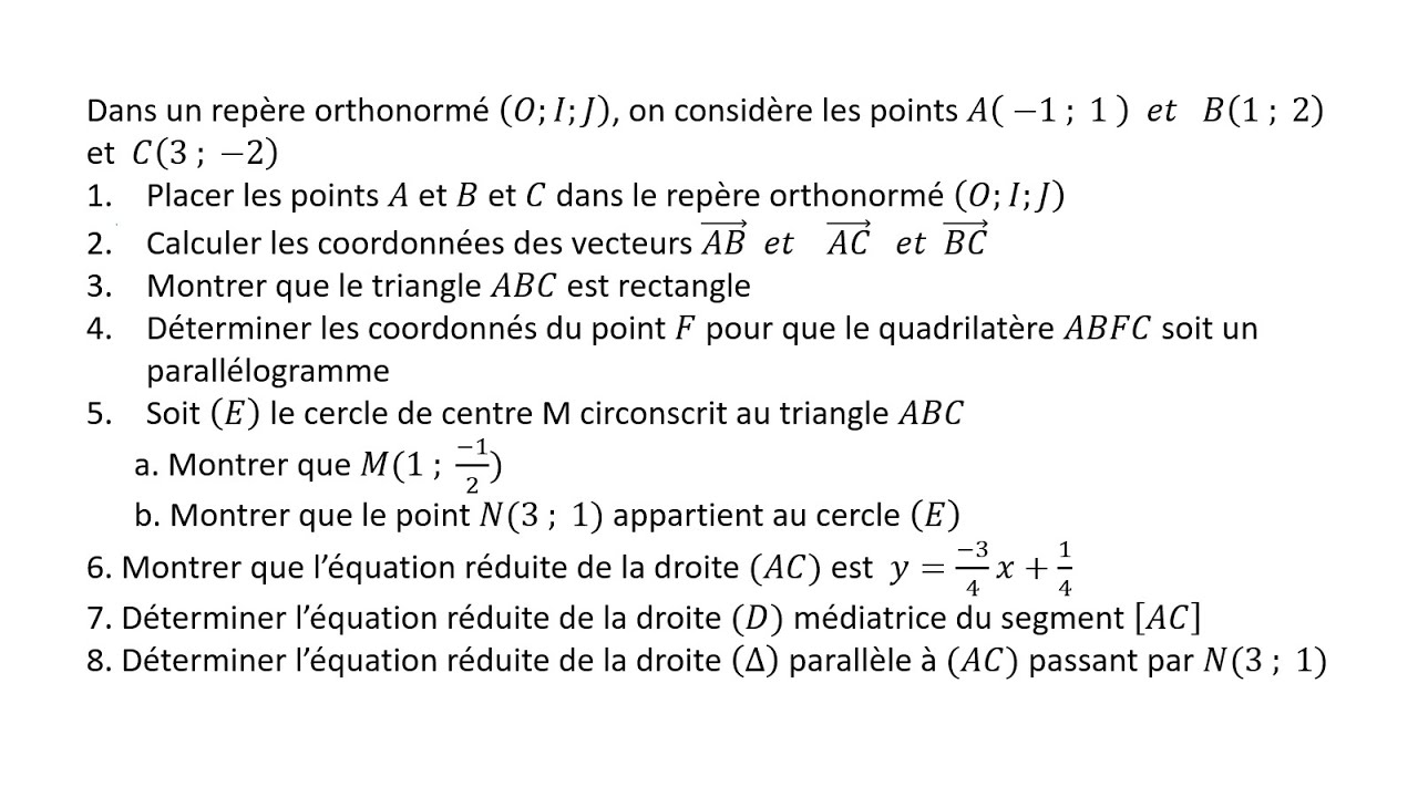 Préparation examen régional ► EXERCICE 5 : Repère dans le plan et équation d'une droite - 3AC