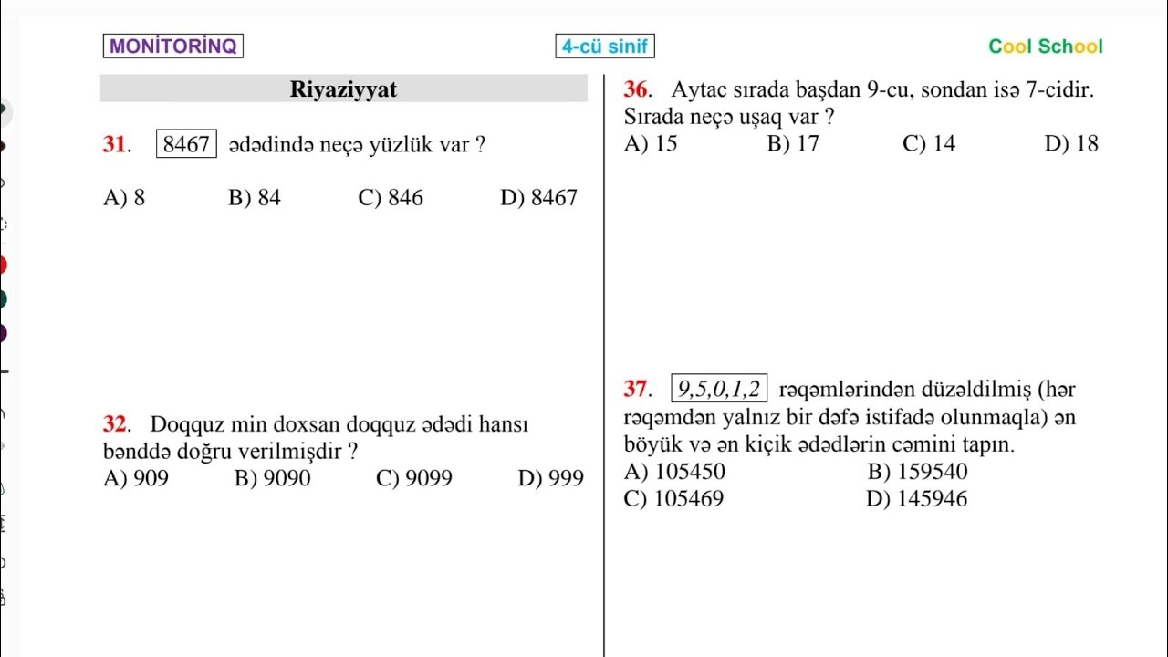 Monitorinq Riyaziyyat sınaq-Cool school Monitorinq sınaq-4 cu sinif Riyaziyyat testləri