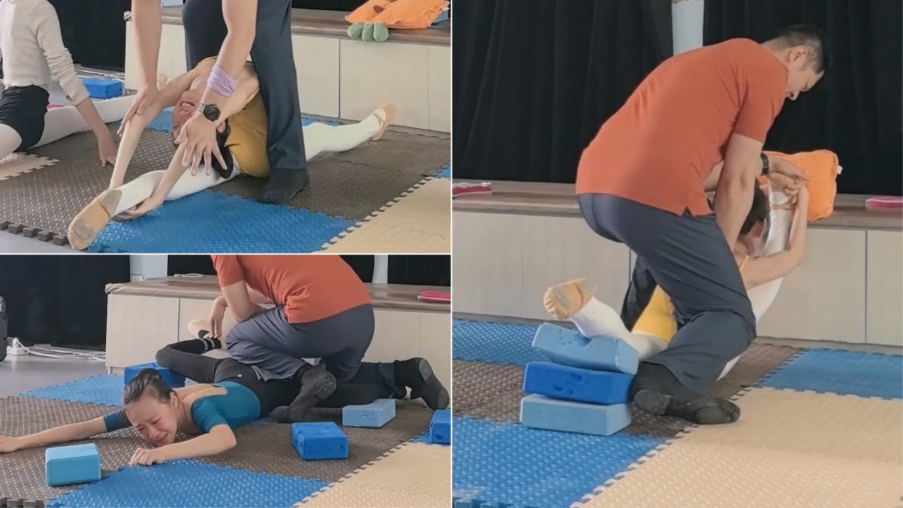 Chinese dance female students endure brief pain for their dreams in a flexibility training class.sxs