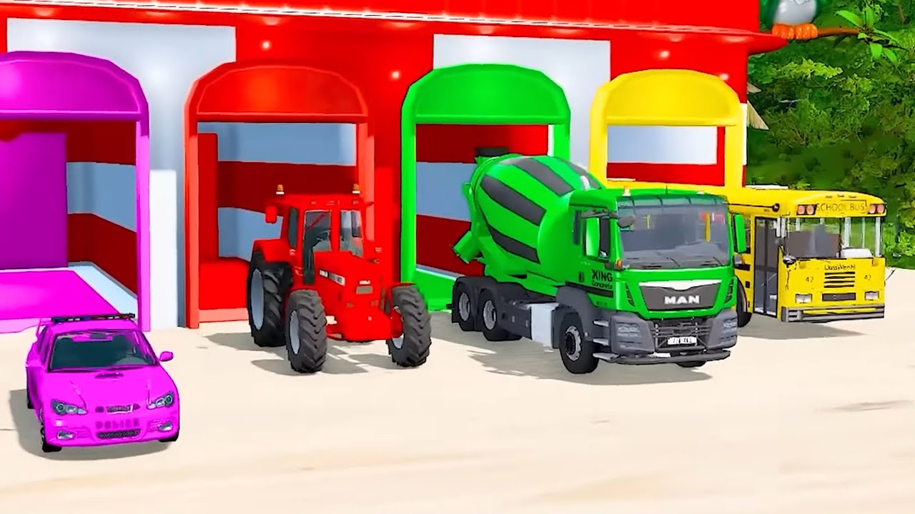 Color Garage Challenge &ndash; Police Car, Tractor, Cement Truck & School Bus in BeamNG Drive!