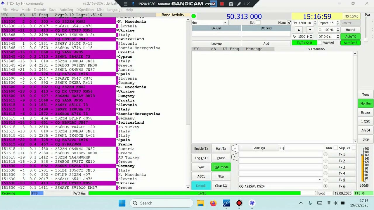 6m [50MHz] FT8 19th Sept 2025