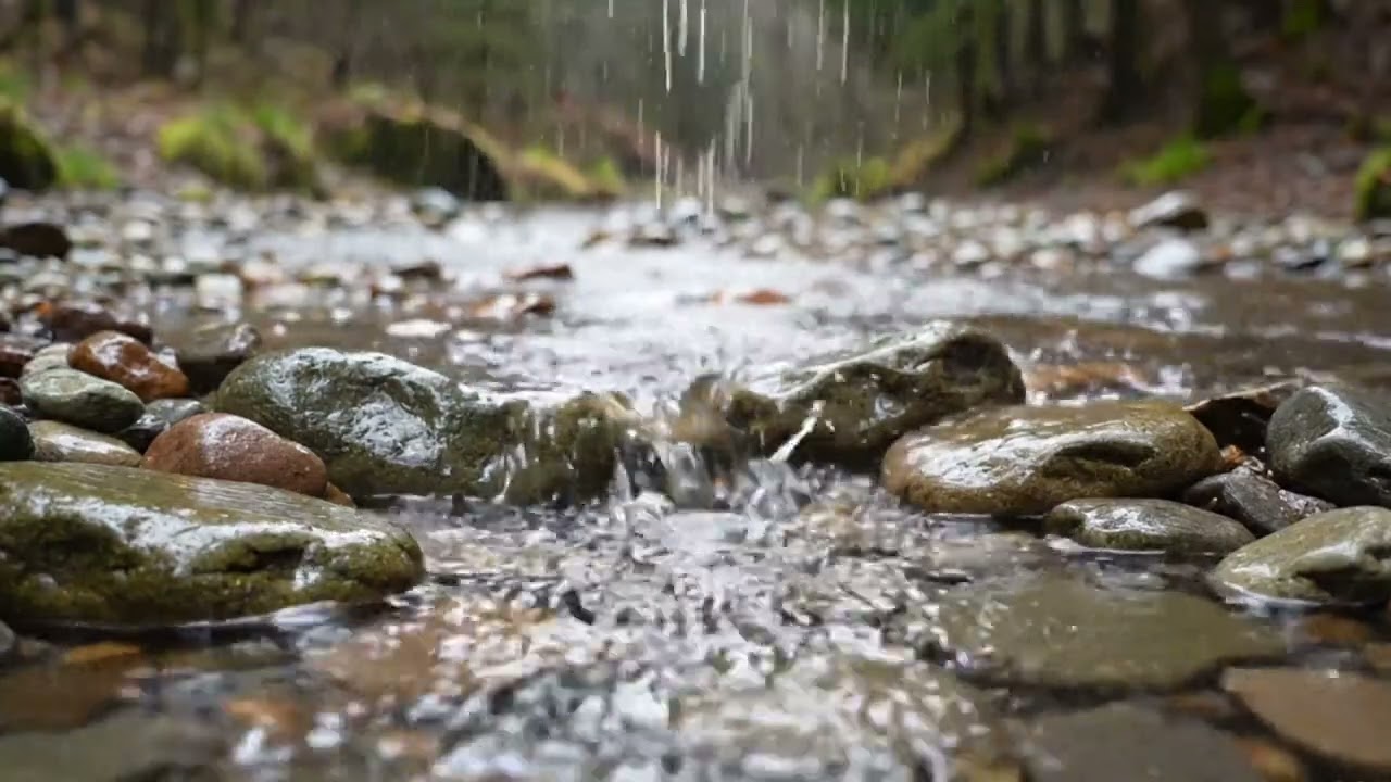 Gentle Rain Over Rocky Forest Stream  Deep Nature Ambience for Sleep Relaxation and Focus