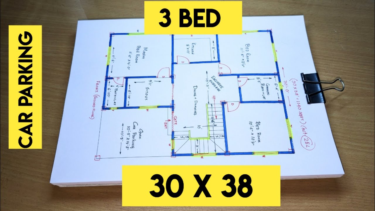30 x 38 simple 3 bedroom house plan II 30 by 38 ghar ka design with car parking II 3 bhk home design
