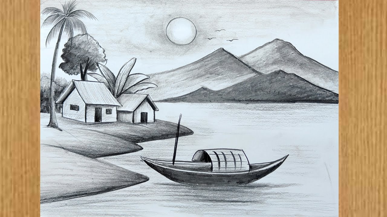 how to draw easy pencil sketch scenery,landscape pahar and river sde scenery drawing step by step,