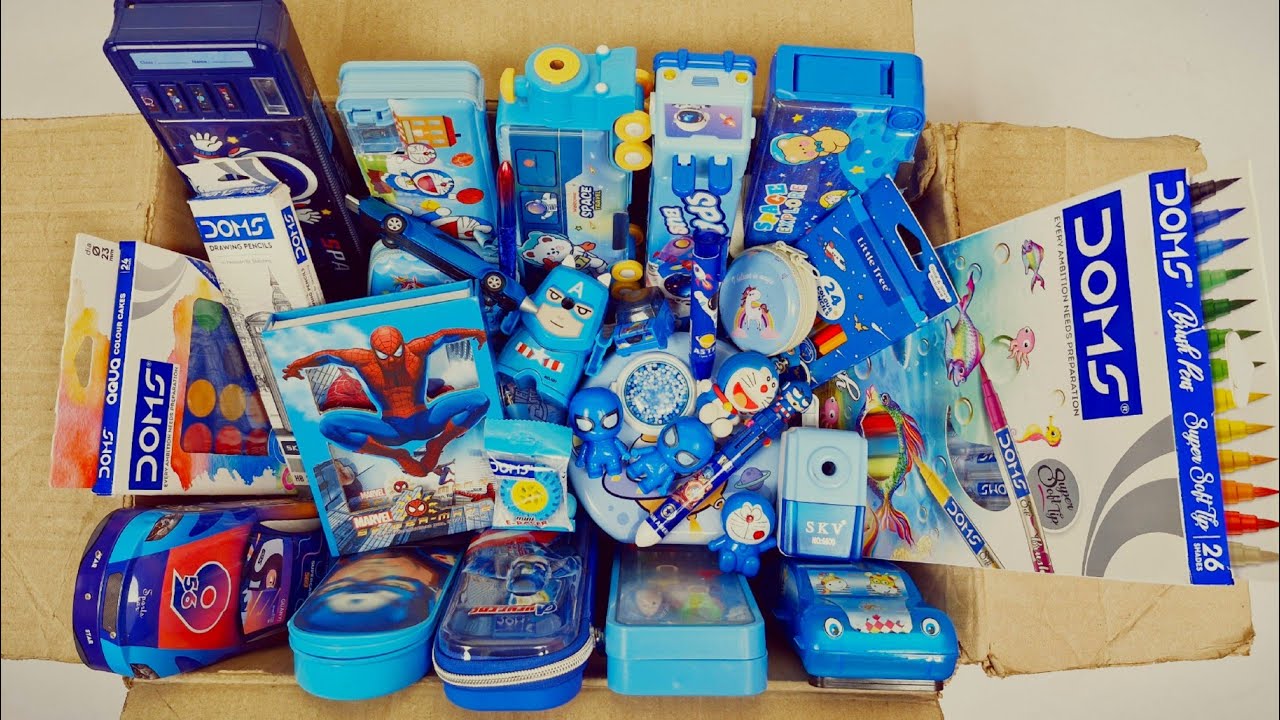Best blue stationery items - doms brush pens, avengers pencil box, sharpner, eraser, pencil case