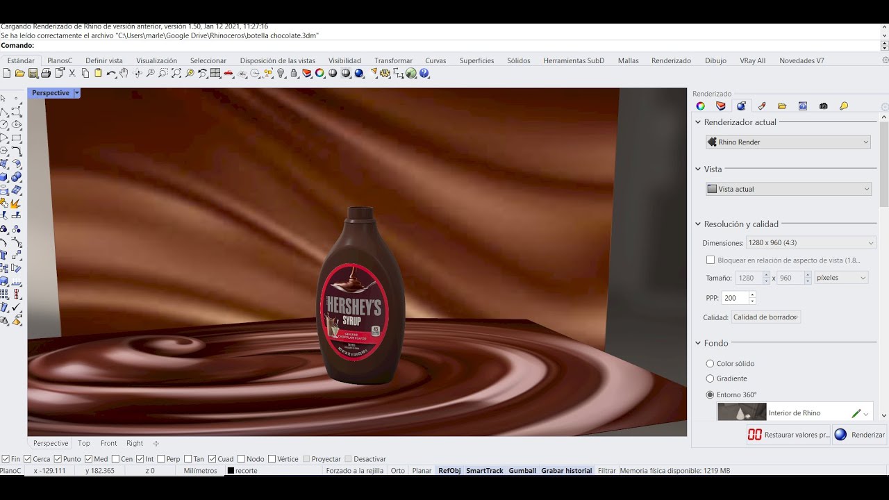 Modelado 3D con Rhinoceros de un “Botella de chocolate y aplicación de etiquetas