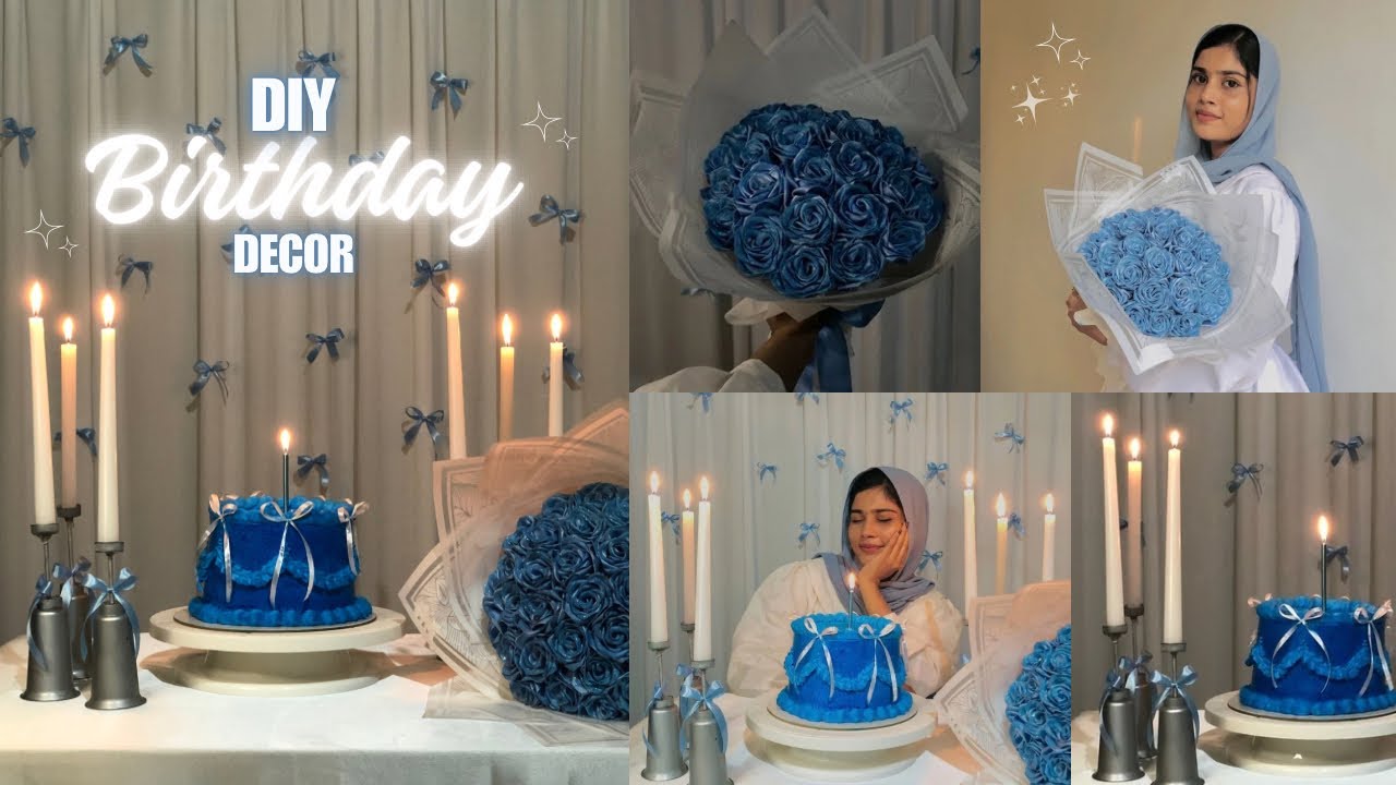 DIY Birthday decor | aesthetic birthday decoration | satin ribbon rose bouquet | diy candle holder