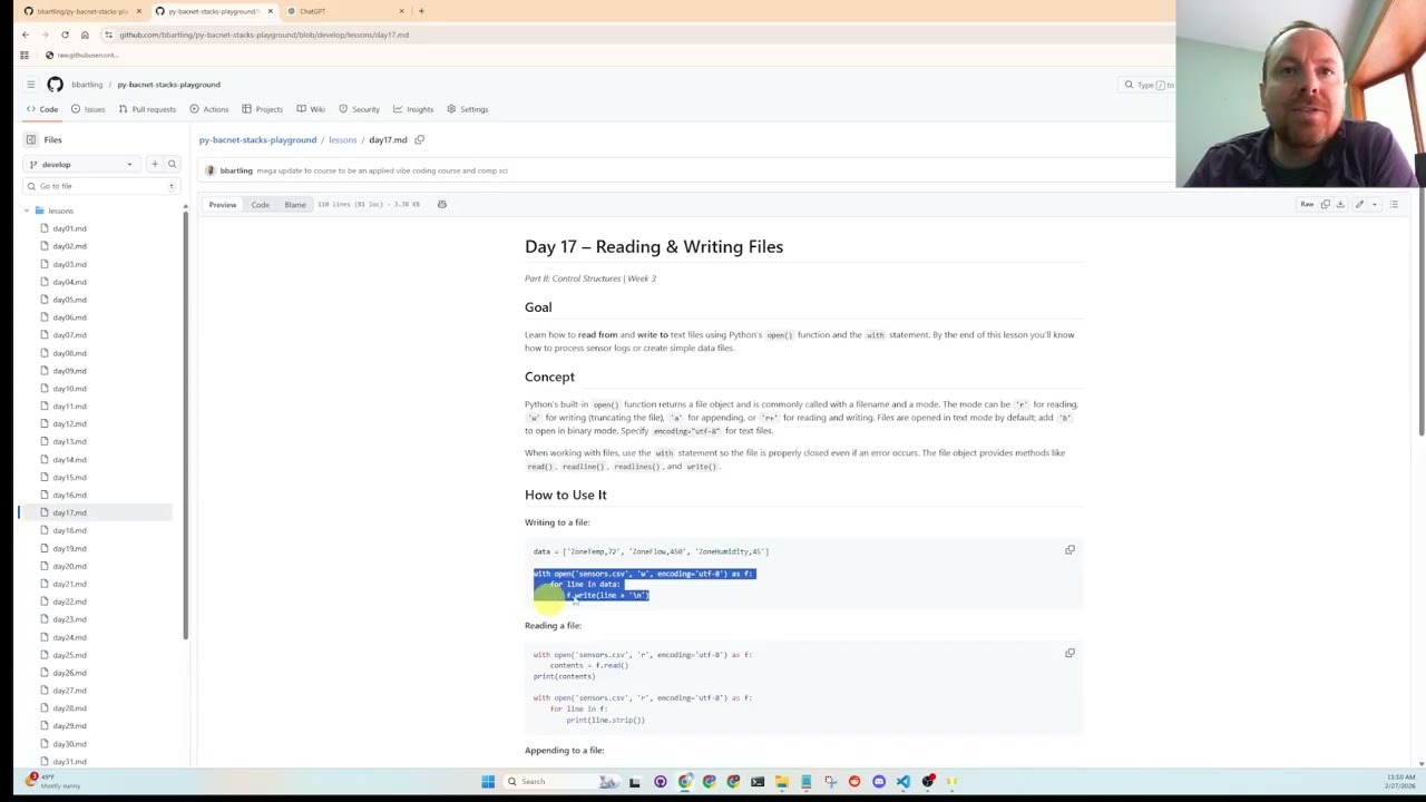 Day 17 – Reading & Writing Files | CSV Logging + Preparing for BACnet Servers (Theory + Vibe Code)