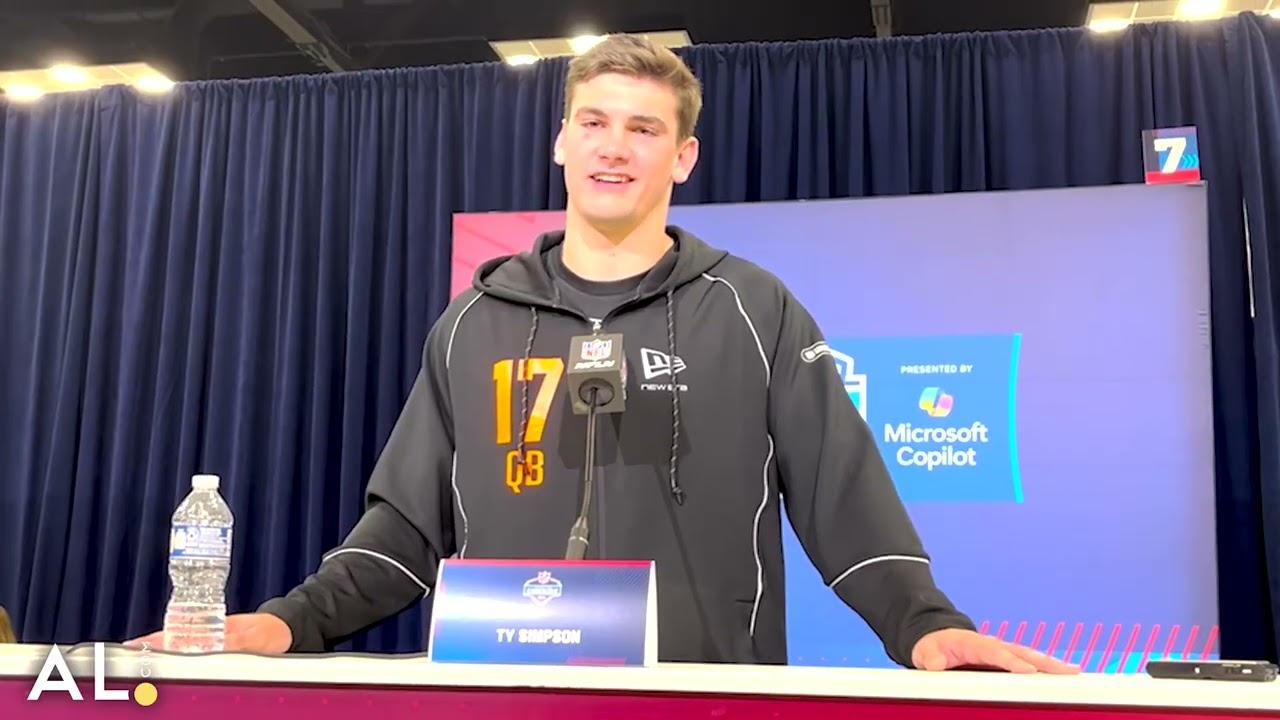 Ty Simpson addresses the media during the NFL Combine in Indianapolis on Friday morning