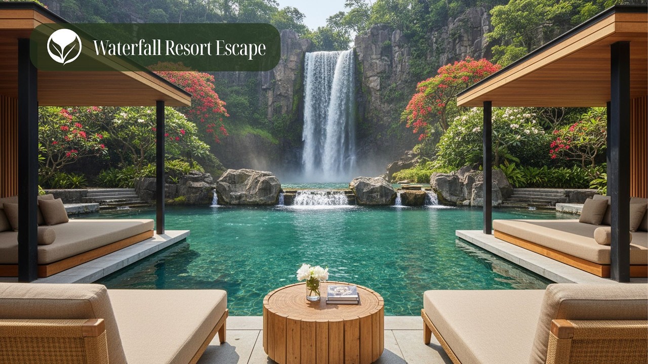 Waterfall Resort Escape | Tropical Nature Ambience with Waterfall& Birdsong for Relaxation