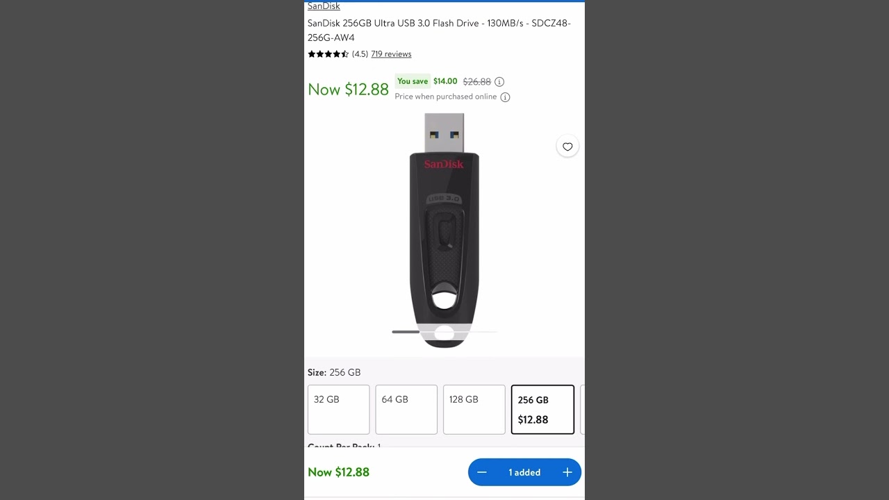 Sale $12.88 SanDisk 256GB Ultra USB 3.0 Flash Drive - 130MB/s - SDCZ48-256G-AW4
