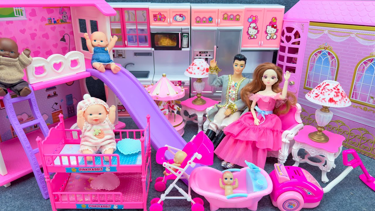 21 Minutes Satisfying Unboxing Pink Doll Family Bedroom, Bunk Bed & Slide Playset Review Toys