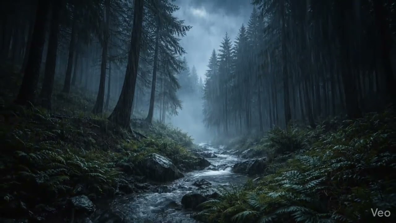 Heavy Rain in Dark Forest for Deep Sleep 🌧️ | Rain Sounds & Forest Stream (6 Hours)
