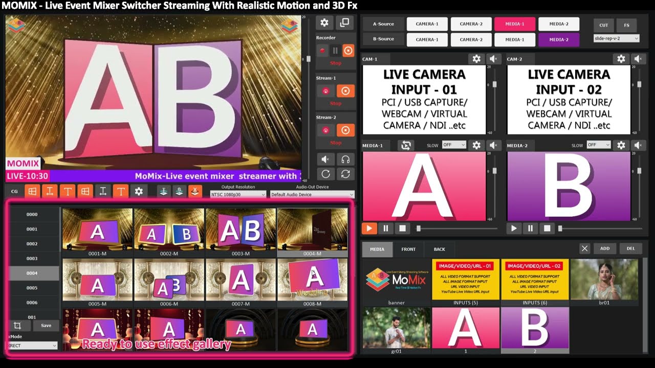MOMIX Live Event mixer switcher dual streaming software with 3D Motion Fx for wedding Satsang sport