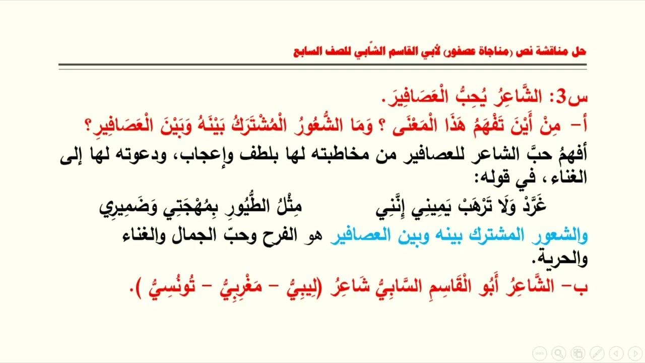 حل مناقشة نص مناجاة عصفور لأبي القاسم الشَّابي للصف السابع